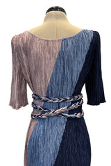1980s Mary McFadden Couture Blue & Deep Dusky Pink Pleated Dress w Extra Long Braided Belt