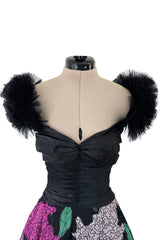 1990s Nina Ricci by Gerard Pipart Haute Couture Black Off Shoulder Dress w Hand Quilted Floral Skirt