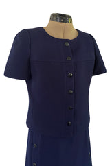 Minimalist Spring 1973 Courreges Numbered Haute Couture Blue Snap Front Jacket & Matching Skirt