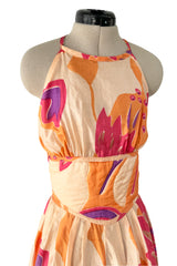 Amazing Late 1970s Bill Tice Printed Tissue Silk Backless Jumpsuit w Balloon Pouf Legs