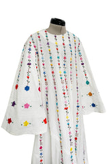 Fantastic 1960s Unlabeled White Cotton Hand Embroidered Mexican Caftan Dress