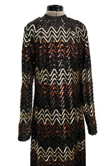Extraordinary 1970s Donald Brooks Metallic Copper, Gold & Black Sequin & Lame Knit Dress