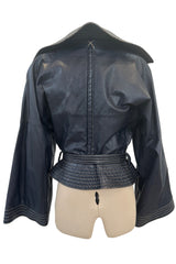 Fall 1982 Gianfranco Ferre Runway Black Blue Wrap Leather Jacket w Wide Sleeves & Huge Collar
