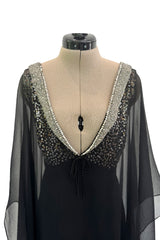 V Neck & Back 1990s Nina Ricci Black Silk Chiffon Caftan Dress w Sequin Bead & Rhinestone Detailing