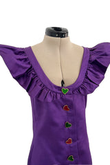 Spring 1992 Yves Saint Laurent Ad Campaign Purple Dress w Green & Red Enamel Heart Buttons