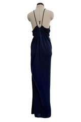 1976 Yuki by Gnyuki Torimaru Deep Blue Jersey Draped Halter Dress w its Matching Jersey Jacket