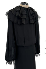 Beautiful 1970s James Galanos Couture Black Silk Chiffon Bias Cut Dress w Removeable Ruffled Collar