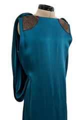 Amazing 1980s Bill Blass Bias Cut Deep Teal Silk Dress w Bead Detailing & Draped Low Back