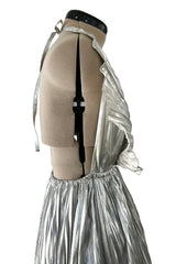 Exceptional 1970s Roland Klein Metallic Silver Lame Pleated Fan Dress w Completely Open Bare Back
