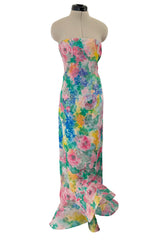 Beautiful 1980s Pierre Cardin Haute Couture Silk Chiffon Pastel Floral Ruffled Strapless Dress & Cape