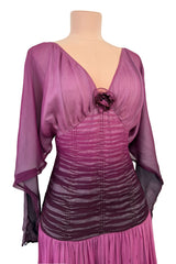 Rare 1970s Bill Gibb Deep Pink Ombre Hand Dyed Silk Chiffon Dress w Fused Glitter Detailing