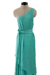 Amazing 1980s Mary McFadden One Shoulder Pleated Two Piece Set Dress w Braided Belt