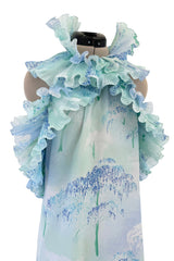 Dreamy Spring 1974 Lanvin by Jules-Francois Crahay Pale Blue Print Silk Chiffon Ruffle Dress