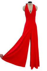 Amazing 1970s Halston Red Jersey Halter Neck Jumpsuit w Open Bare Back & Ultra Wide Legs