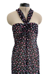 Sheer Fall 2024 Giorgio Armani Sample Deep Blue Net Dress w Embroidered Cotton Pink & Blue Flowers