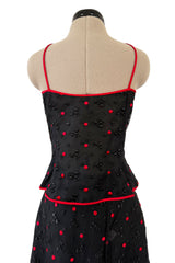 Fantastic 1970s Stavropoulos Wrap Skirt and Top Set w Embroidered Red Dots & Metallic Thread Pattern