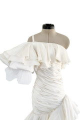 Spring 1988 Emanuel Ungaro Haute Couture Ivory Silk, Silk Net & Dotted Tulle One Shoulder Trained Mini Dress