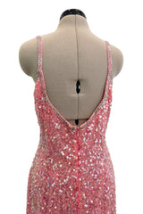 Prettiest 1980s Oleg Cassini Pink Silk Dress Covered in Iridescent Sequins w Silver Tube Bead Detailing & Trim