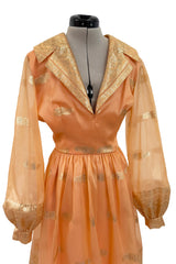 Prettiest 1960s Oscar De La Renta Peach Iridescent Silk Organza Dress w Gold Thread Detailing