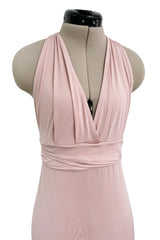 Prettiest 2000s Gianni Versace Pale Dusty Pink Plunge Stretch Jersey Halter Dress w Open Back