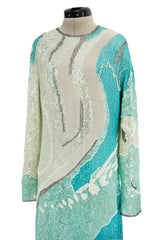 Spectacular 1983 Halston Well Documented Pastel Blues, Turquoise & Ivory Sequin Sheath Dress