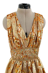 Incredible 1960s Unlabeled Gold Metallic Brocade Pouf Leg Jumpsuit w Gold Cord & Bead Detailing
