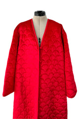 Fabulous 1980s Arnold Scaasi Brilliant Red Quilted Velvet Oversized Cocoon Button Front Coat