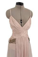 c 2007 Roberto Cavalli Pale Ballet Pink Pleated Silk Jersey Dress w Front Plunge & Rhinestones