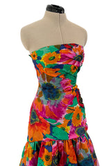 Prettiest Spring 1986 Arnold Scaasi Strapless Bright Floral Print Silk Dress