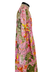 Stunning Fall 1970 Bill Blass Pink Quilted Silk Floral Pattern Metallic Dress w Banded Waist