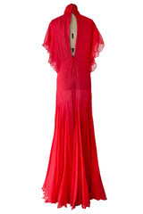 1970s Giorgio Sant'Angelo Red Silk ChiffonDress w Pink Silk Chiffon Lining & Prettiest Gusset Skirt