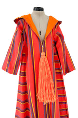 Incredible 1960s Josefa Striped Cotton Caftan Dress w Hood & Huge Orange Yarn Tassel Detailing