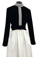 Early 1960s Harvey Berin Black Velvet & Ivory Silk Skirted Dress w Sparkling Beaded Detailing