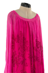 Dreamy 1970s Hanae Mori Pink Layered Bias Cut Silk Chiffon Caftan Dress w Floral Print