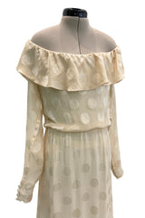 Amazing Fall 1973 Yves Saint Laurent Haute Couture Runway Off Shoulder Ivory Dress w Hand Applied Dots