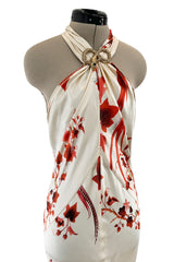 Spectacular Spring 2007 Roberto Cavalli Ivory & Coral Print Bias Cut Silk Dress w Twisted Halter Front & Low Back