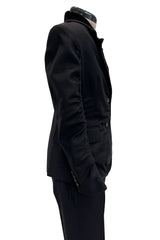 Chic Fall 2002 Yves Saint Laurent by Tom Ford Black Pant Suit w Velvet Trim & Curved Sleeves