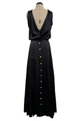 Spectacular 1990s Unlabeled Chanel by Karl Lagerfeld Black SIlk Dress w V Front & Logo Buttons
