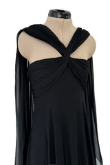 Gorgeous Spring 1989 Bill Blass Runway Black Silk Halter Chiffon w Trailing Shoulder Panels