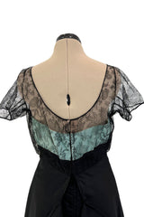 Rare 1950s Irene Lentz Black Silk Taffeta Dress w Pale Blue Ribbon & Lace Illusion Bodice