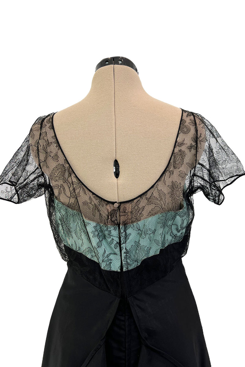 Rare 1950s Irene Lentz Black Silk Taffeta Dress w Pale Blue Ribbon & Lace Illusion Bodice