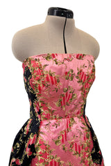 Dreamy 1960s Unlabeled Strapless Black Dress w Front Pink Panel & Floral Embroidery
