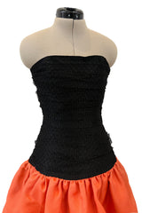 Spring 1987 Yves Saint Laurent Runway Strapless Dotted Net Mini Dress w Coral Skirt