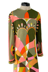 Fantastic 1960s Emilio Pucci Green Pink Coral & Orange Abstract Print Silk Jersey Dress
