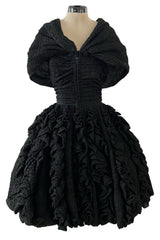 Exceptional Spring 1988 Christian Lacroix Demi-Couture Luxe Label Black Pouf Dress w Attached Shoulder Piece