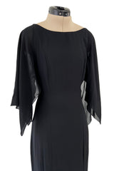 Fall 1993 Chanel by Karl Lagerfeld Black Silk Chiffon Dress w Flutter Sleeves & Low Open Back