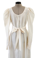 Amazing 1970s Yves Saint Laurent Silk Ivory Full Tent Dress w Belt, Ruffled Edges & Full Sleeves