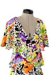 Prettiest 1970s Hollys Harp Bright Printed Silk Tiered V Front & Back Plunge Dress w Layered Tiers