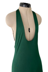 Sexiest 1974 Halston Couture Deep Green Silk Jersey Backless Dress w Front Plunge & Long Ties
