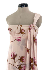 Prettiest Spring 2006 Valentino Runway Pink Floral Rose Print Pink Silk Chiffon w Draped Side Panel